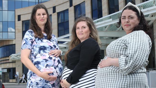 Three pregnant mothers have made a final plea to save Epworth Geelong’s maternity closure. (L-R) Jessica Jehu, Nikita Burke and Cindy Westlake Kelly. Picture: Alan Barber