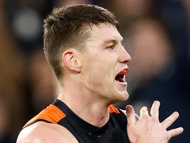 MELBOURNE, AUSTRALIA - JUNE 21: Sam Walsh of the Blues celebrates a goal during the 2024 AFL Round 15 match between the Carlton Blues and the Geelong Cats at The Melbourne Cricket Ground on June 21, 2024 in Melbourne, Australia. (Photo by Michael Willson/AFL Photos via Getty Images)