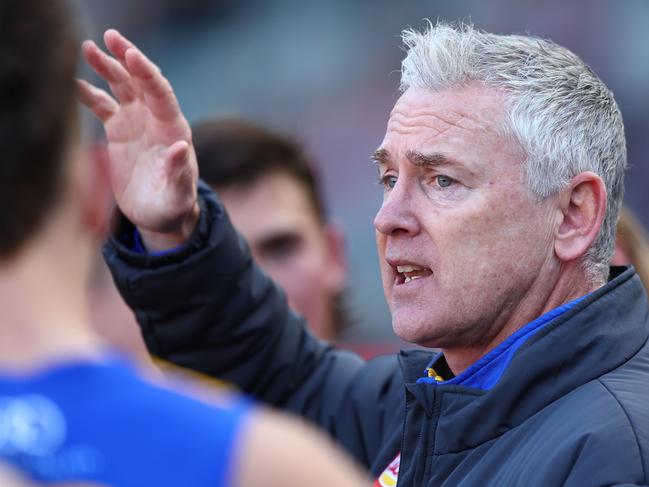 Embattled Eagles coach Adam Simpson addresses his players during West Coast’s loss to Melbourne. Picture: Graham Denholm/AFL Photos/via Getty Images