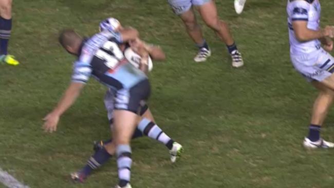 Cronulla's Wade Graham makes the high shot on North Queensland’s Johnathan Thurston that cost him his Origin debut.