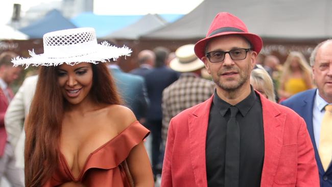 Alex Waislitz &amp; Rebekah Behbahani in the Birdcage during the 2018 Melbourne Cup. Picture: Stuart McEvoy.