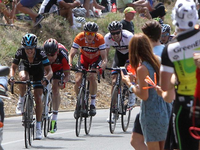 Porte leads Cadel Evans and Rohan Dennis up Willunga Hill. Photo: Simon Cross.