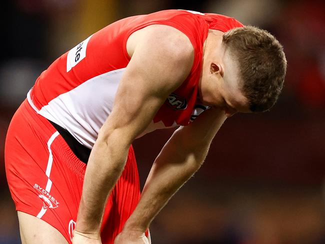 SYDNEY, AUSTRALIA - JULY 28: Chad Warner of the Swans looks dejected after a loss during the 2024 AFL Round 20 match between the Sydney Swans and the Western Bulldogs at The Sydney Cricket Ground on July 28, 2024 in Sydney, Australia. (Photo by Michael Willson/AFL Photos via Getty Images)