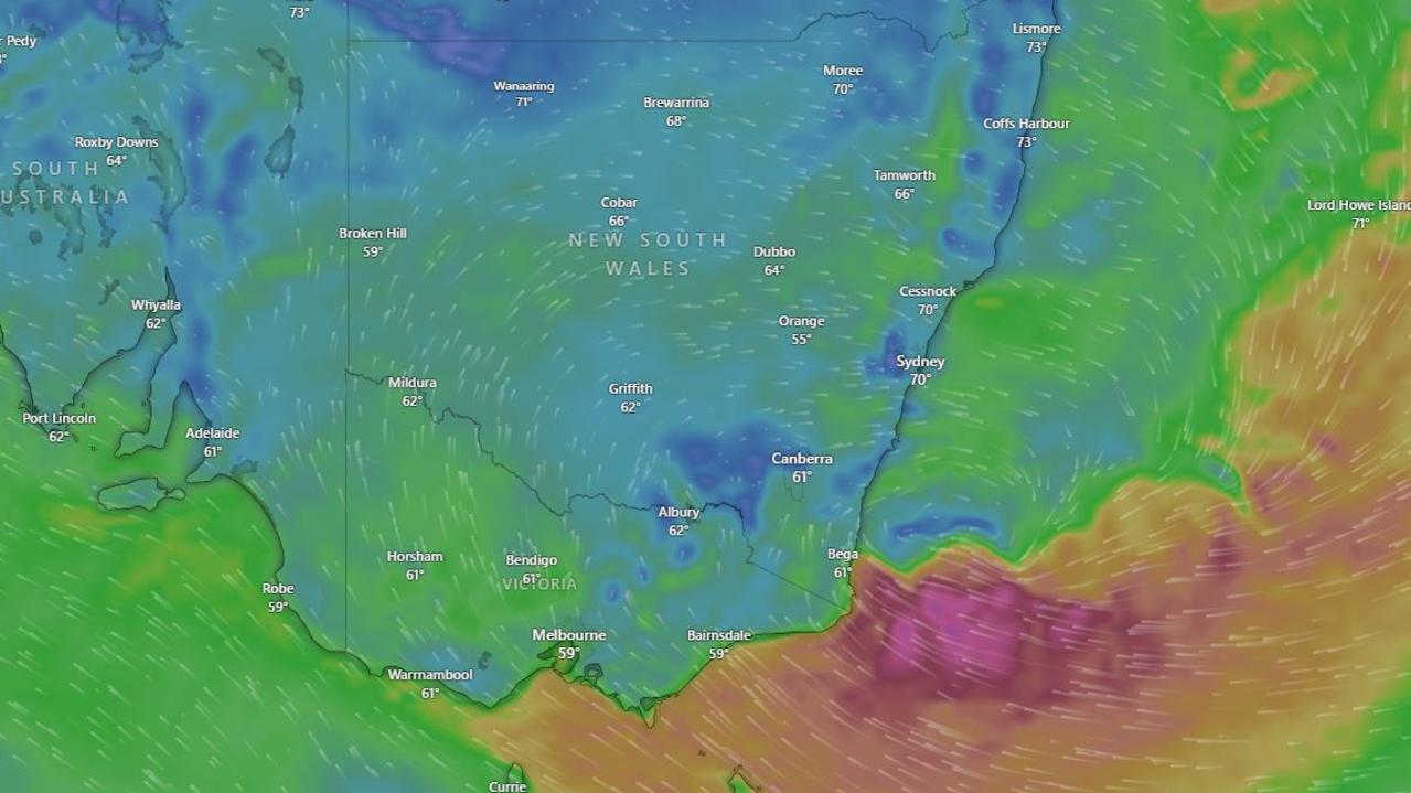 A low pressure system in the Tasman Seas is focusing the rain on SE NSW and eastern Victoria. Picture: Windy.