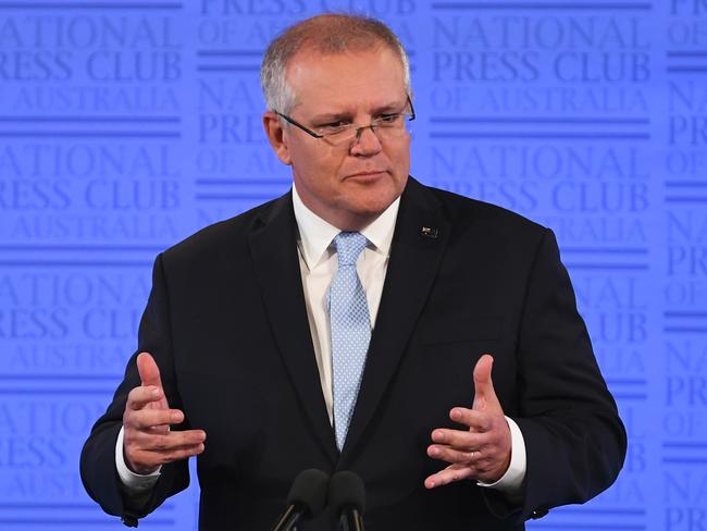 Australian Prime Minister Scott Morrison addresses the National Press Club in Canberra, Tuesday, May 26, 2019. (AAP Image/Lukas Coch) NO ARCHIVING