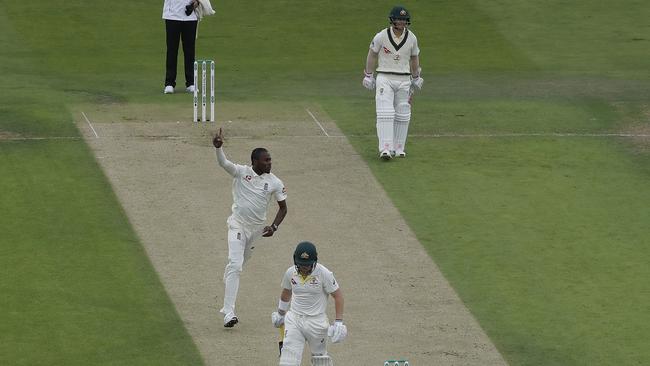 Jofra Archer celebrates taking the wicket of Marcus Harris. Picture: Getty Images