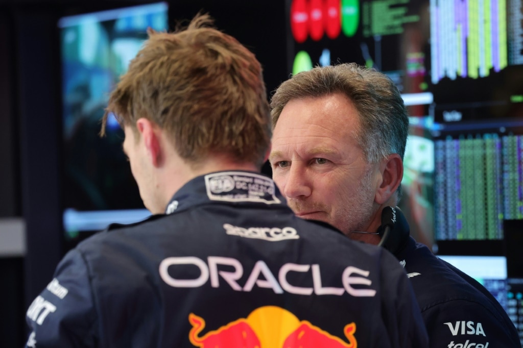 Christian Horner (right) with Max Verstappen at practice in Jeddah on Thursday