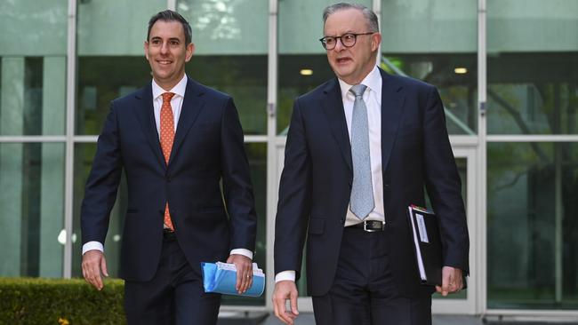 Treasurer Jim Chalmers and Anthony Albanese, who is the ‘only member of the expenditure review committee with an economics degree’. Picture: NCA NewsWire / Martin Ollman