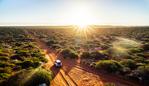 Driving off-road in Western Australia at sunset, aerial view. Francois Peron National Park