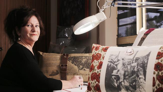 Artist Suzanne Curry has been sewing and printing cushions to commemorate the sacrifices of the Anzacs. Picture: MATHEW FARRELL