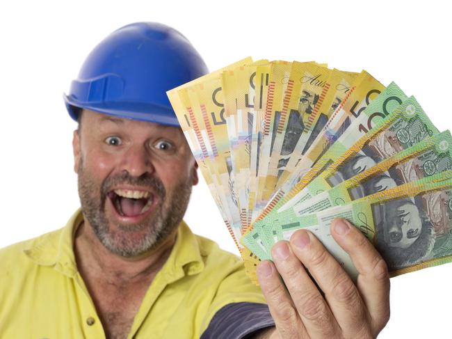 A worker happy with a pile of Aussie Dollars, money, Australian notes, mates, generic