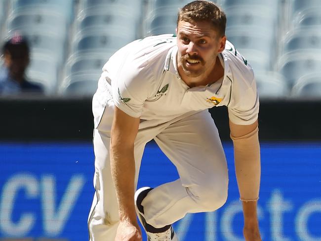 MELBOURNE, AUSTRALIA - DECEMBER 27: Anrich Nortje of South Africa bowls during day two of the Second Test match in the series between Australia and South Africa at Melbourne Cricket Ground on December 27, 2022 in Melbourne, Australia. (Photo by Darrian Traynor/Getty Images)