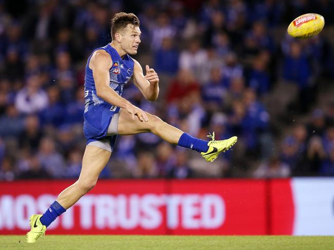 AFL Round 11. 03/06/2018. North Melbourne v Brisbane Lions at Etihad Stadium.   North Melbourne's Shaun Higgins third quarter action    . Pic: Michael Klein