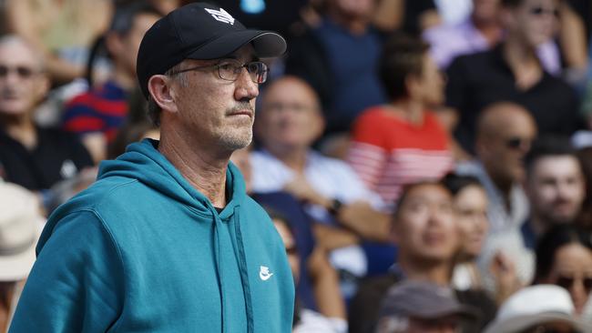 Darren Cahill watches his newest grand slam champion, Jannik Sinner, win the 2024 Australian Open. Picture: Michael Klein