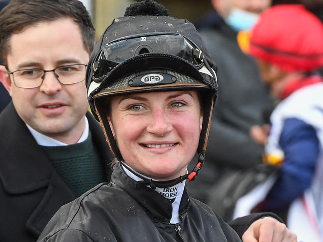 Jamie Kah after winning the G.H. Mumm Mahogany Challenge Final  at Flemington Racecourse on July 03, 2021 in Flemington, Australia. (Brett Holburt/Racing Photos via Getty Images)