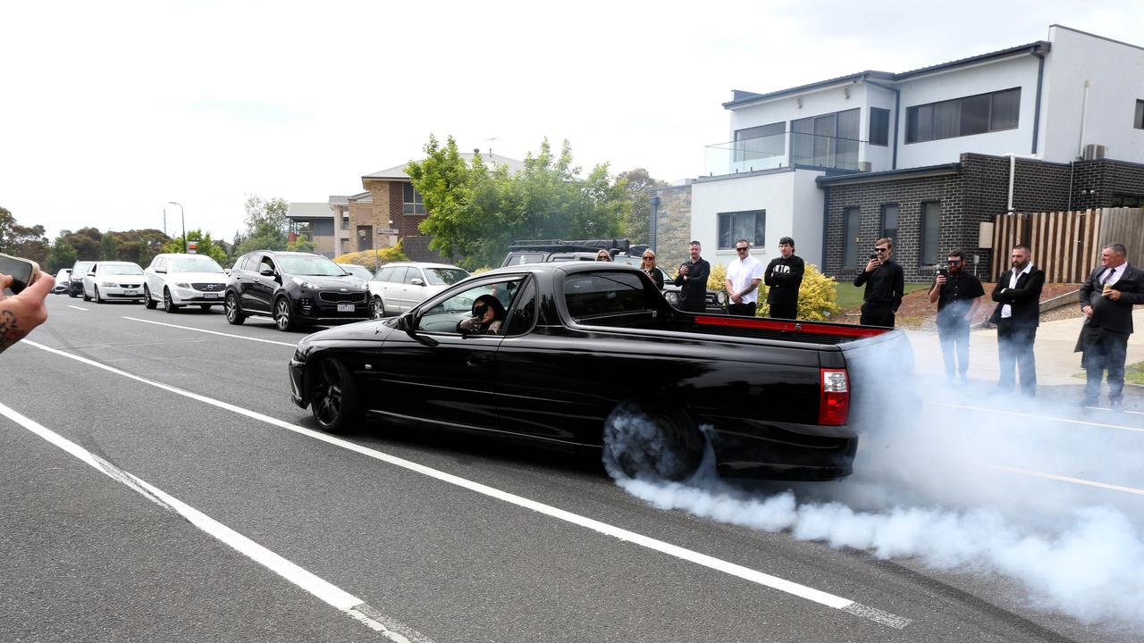 Several friends did burnouts as they departed. Picture: Mike Dugdale.