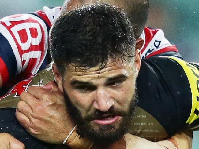 SYDNEY, AUSTRALIA - APRIL 18: Josh Mansour of the Panthers is tackled during the round seven NRL match between the Sydney Roosters and the Penrith Panthers at Allianz Stadium on April 18, 2016 in Sydney, Australia. (Photo by Matt King/Getty Images)