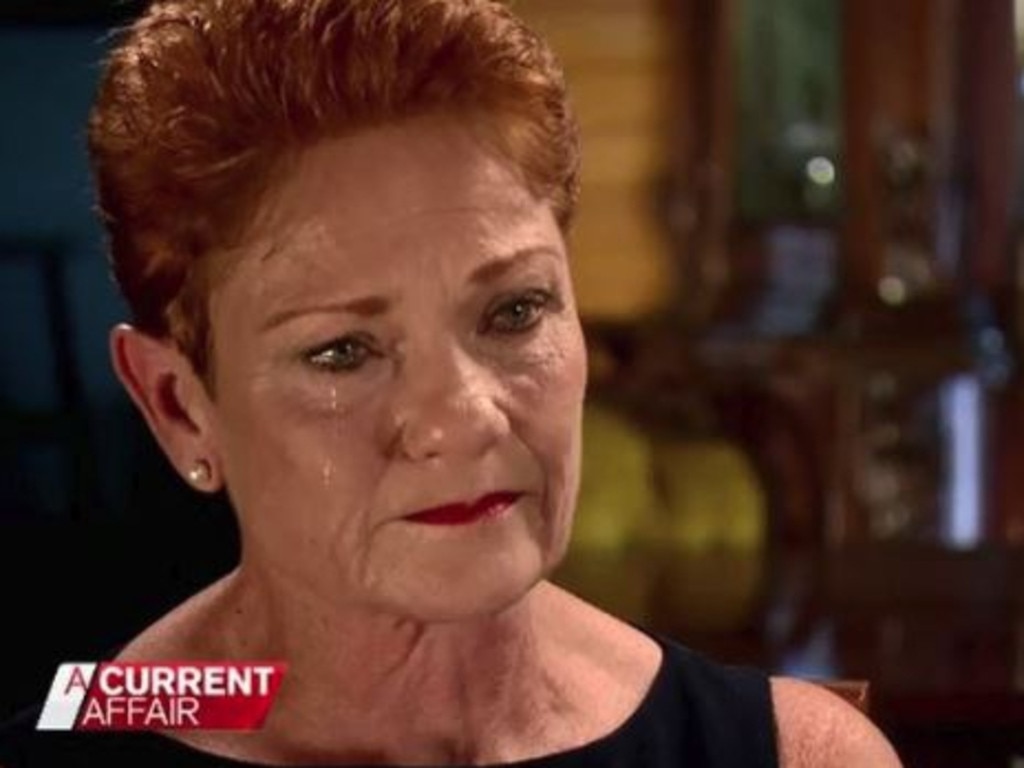 Pauline Hanson wept about betrayal and getting a ‘kick in the guts’ on A Current Affair. Picture:Nine Network.