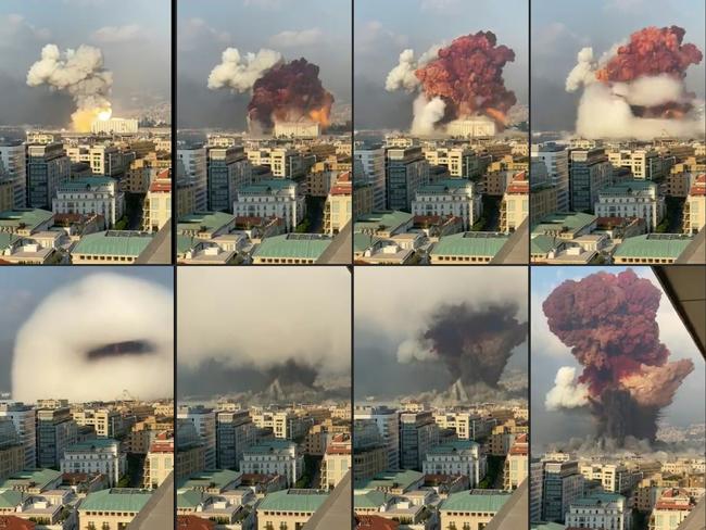 This composite image shows the moment of explosion, filmed from a nearby office building. Picture: Gaby Salem/ESN/AFP