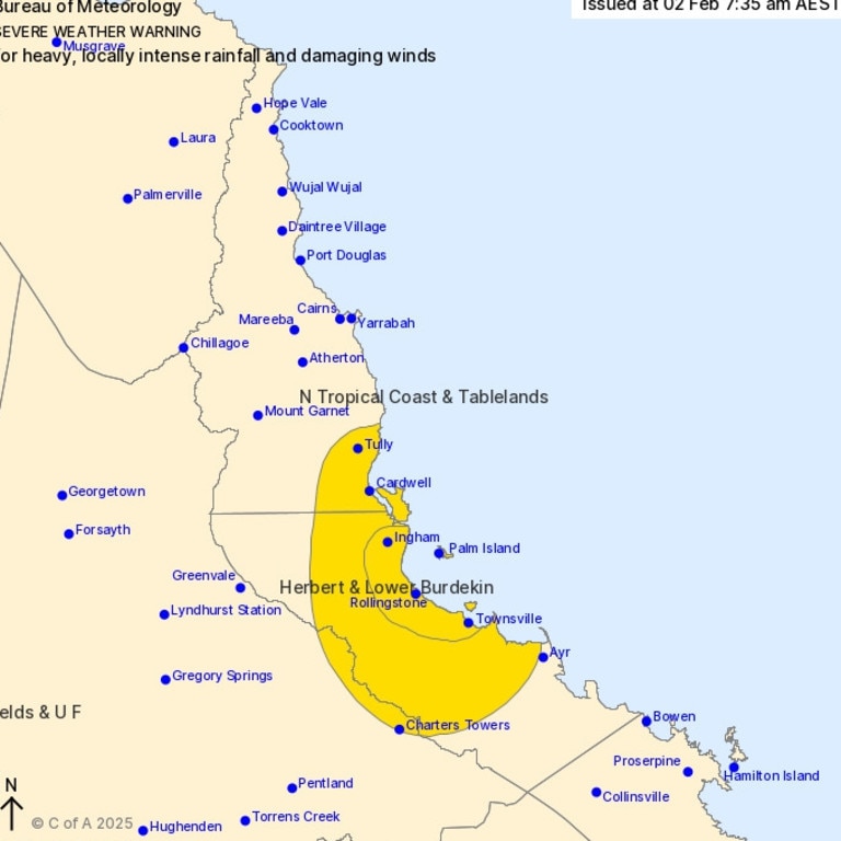 The Bureau of Meteorology's Severe Weather Warning for North Queensland issued at 7.35am, Sunday, February 2, 2025. Picture: BOM