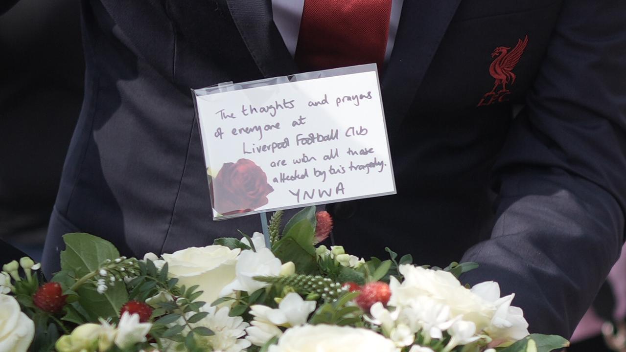 A floral tribute from Liverpool Football Club to the child victims of a knife attack on July 30, 2024 in Southport, England. (Photo by Christopher Furlong/Getty Images)