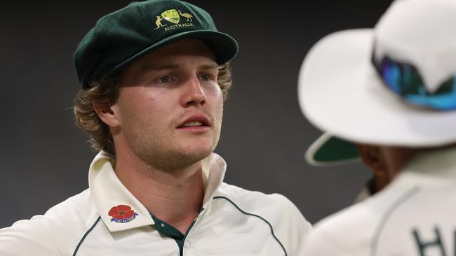 PERTH, AUSTRALIA - NOVEMBER 12: Will Pucovski of Australia looks on while waiting to take to the field during day two of the International Tour match between Australia A and Pakistan at Optus Stadium on November 12, 2019 in Perth, Australia. (Photo by Paul Kane/Getty Images)