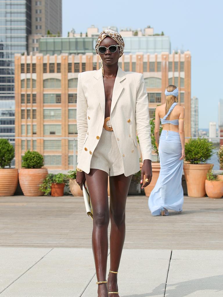 A model poses in a blazer and matching shorts. Picture: Arturo Holmes/Getty Images