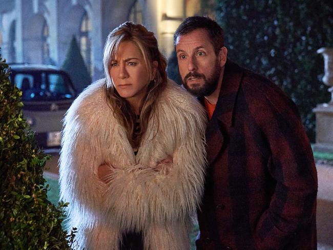 Jennifer Aniston as Audrey Spitz and Adam Sandler as Nick Spitz in Murder Mystery 2. Picture: Scott Yamano/Netflix 2023