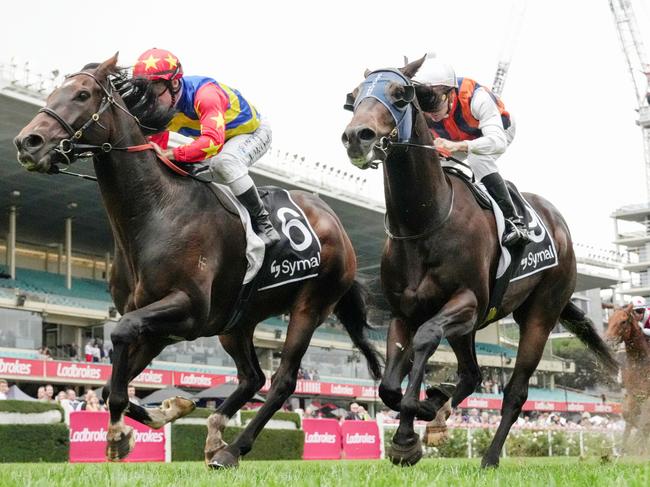 Dirty Grin (NZ) ridden by Rhys McLeod wins the Symal Handicap at Moonee Valley Racecourse on April 26, 2025 in Moonee Ponds, Australia. (Photo by George Salpigtidis/Racing Photos via Getty Images)