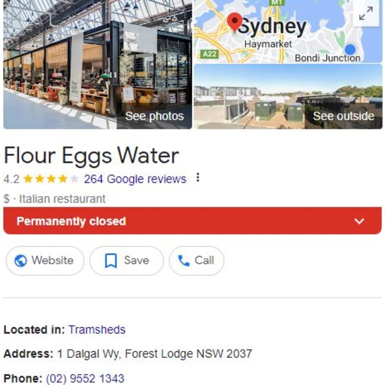 Flour Eggs Water’s Google business listing showing it has also closed.