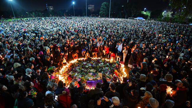 People flooded Princes Park in Carlton at a vigil for Eurydice Dixon. Picture: Jason Edwards