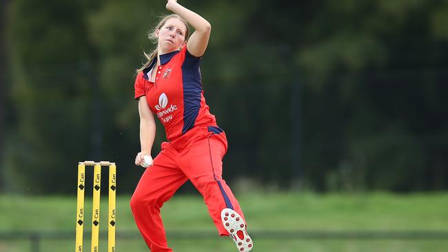 Darcie Brown in action with the SA of the Scorpions during the WNCL match against Tasmania in Canberra this month. Picture: Jason McCawley/Getty Images