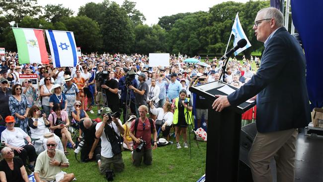 Former prime minister Scott Morrison at an anti-Semitism rally in The Domain, Sydney, on Sunday. Picture: John Feder