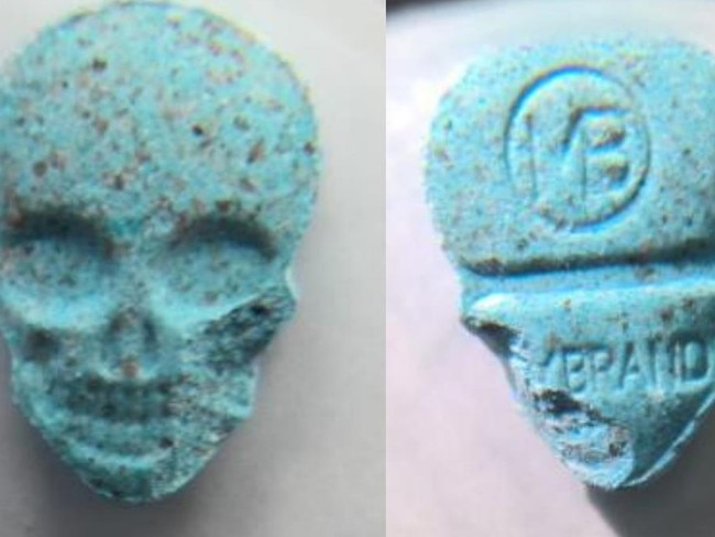 A blue tablet that contained 216 mg of MDMA. Picture: NSW Health