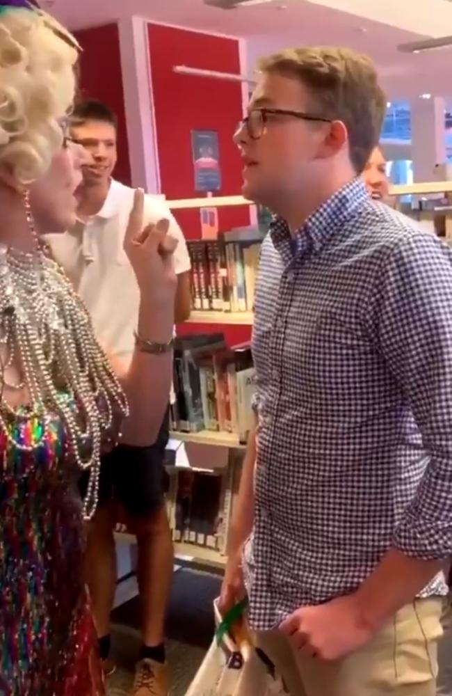 Wilson Gavin (right) leading a protest against a drag queen reading to children at a library in Queensland. Picture: Twitter