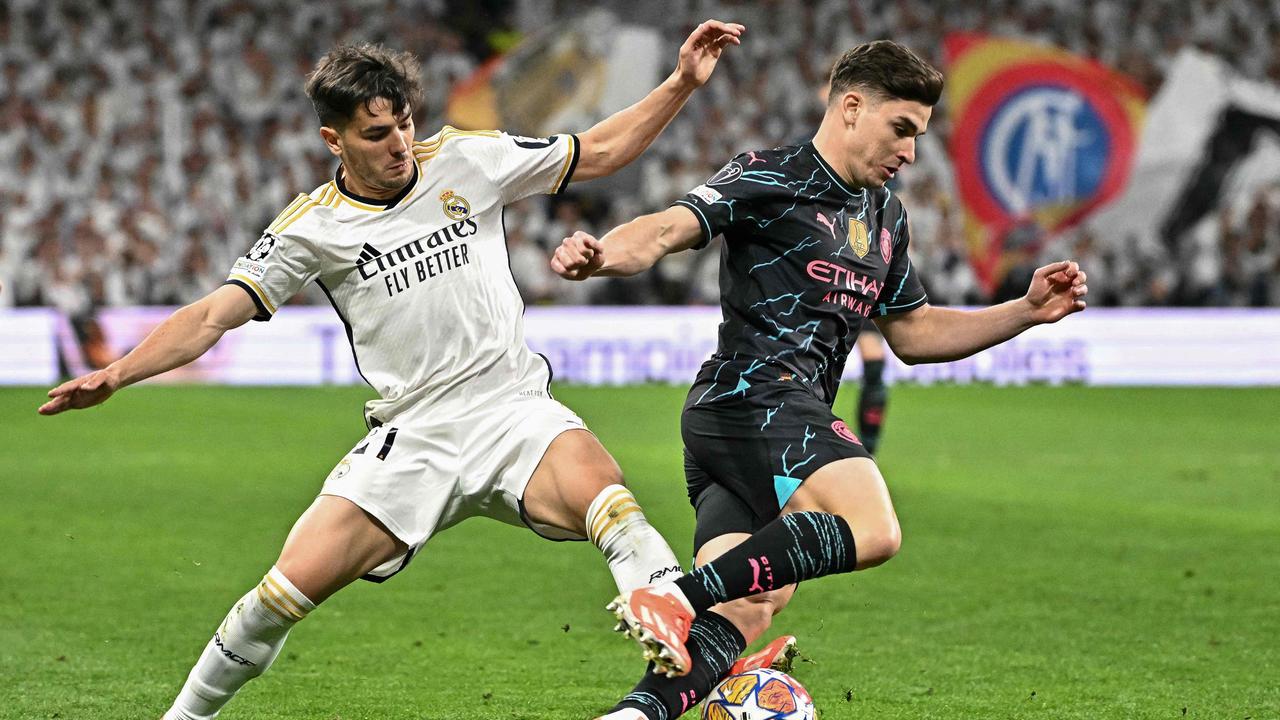 Real Madrid's Brahim Diaz vies with Manchester City's Julian Alvarez. Picture: JAVIER SORIANO / AFP