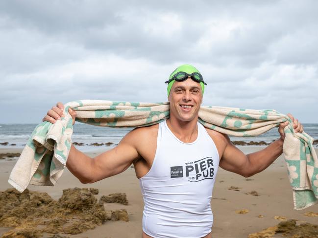 06-01-2025 Ex Carlton star Ed Curnow swimming this years Lorne Pier to Pub. Picture: Brad Fleet