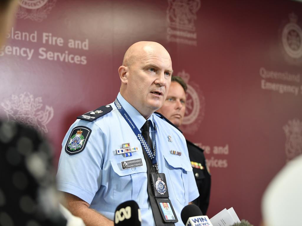 QPS Superindentent Michael Thiesfield talks to media at the QFES Regional Operations Centre at Charlton as the bushfire crisis continues, Thursday, October 26, 2023. Picture: Kevin Farmer