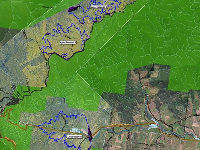 The three reservoirs and affected properties for the proposed Pioneer-Burdekin pumped hydro scheme. Picture: Queensland Hydro