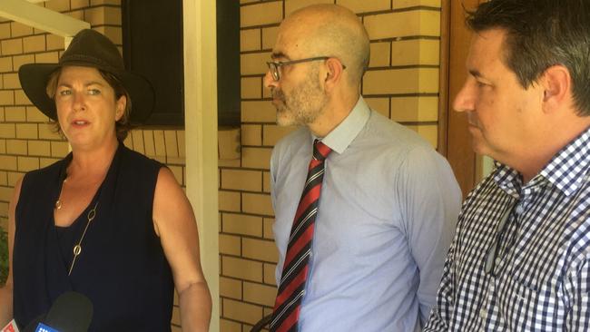 Local MPs Melinda Pavey and Pat Conaghan and Frank Price (centre), chief executive officer of the Royal Freemasons Benevolent Institution, who will own and manage the affordable housing project for vulnerable women at Bellingen.