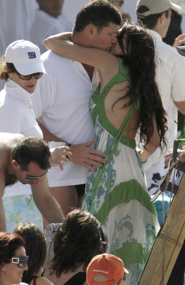 Packer and his bride share a kiss during their wedding visit to the French Riviera in 2007. The pair’s breakup is believed to have contributed to hostilities with Packer’s best friend. Picture: Edmond Terakopian.