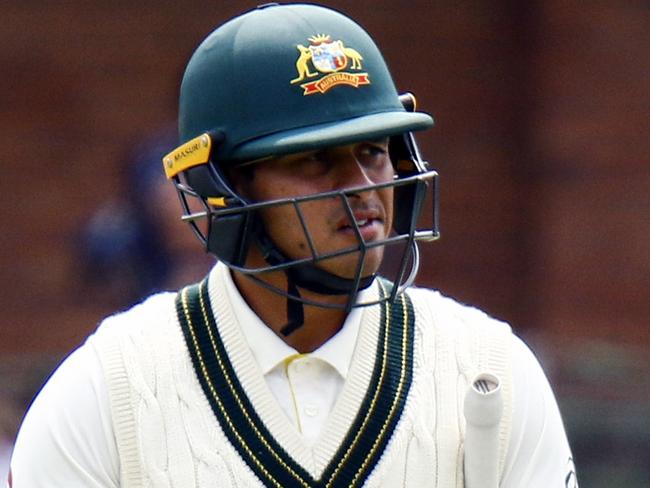 Australia's batsman Usman Khawaja leaves the field after being dismissed by South Africa's bowler Vernon Philanderâ€š for 4 runs on the first day of the second cricket test match between South Africa and Australia at St George's Park in Port Elizabeth, South Africa, Friday, March 9, 2018. (AP Photo/Michael Sheehan)