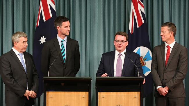 Queensland Minister for Main Roads Mark Bailey pictured here at a press conference with RACQ GM Paul Turner, Logan Mayor Luke Smith and CCIQ GM Nick Behrens at the Executive Building. Pictures: Jack Tran