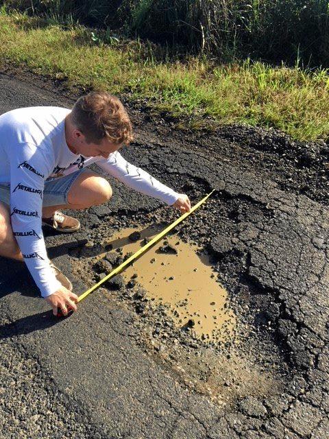 On holiday visiting family, Geraldine Grimish was driving along Caniaba Road into Lismore on a wet night of July 5 when the pothole punctured the front left passenger side tyre and damaged both rims of her car, costing her $750. Picture: Geraldine Grimish