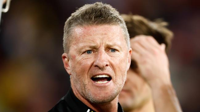 Damien Hardwick, Senior Coach of the Tigers addresses his players during the 2023 AFL Round 10 match between the Essendon Bombers and the Richmond Tigers at the Melbourne Cricket Ground on May 20, 2023 in Melbourne, Australia. (Photo by Dylan Burns/AFL Photos via Getty Images)