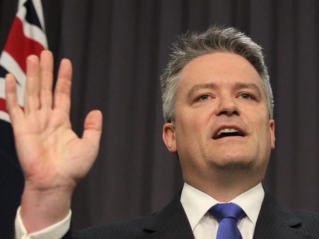 The Debtinator ... Minister for Finance Senator Mathias Cormann during a press conference today. Picture: Gary Ramage