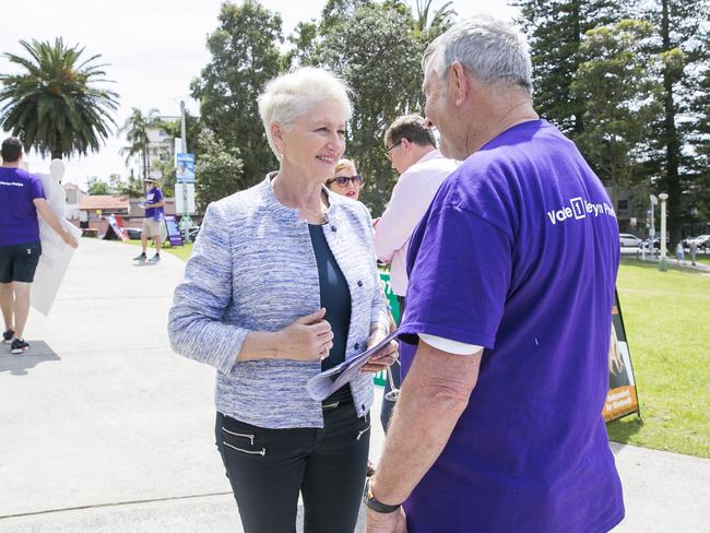 Independent candidate in the Wentworth by-election, Kerryn Phelps, campaigns at the pre-polling location in Waverley. Picture: Dylan Robinson