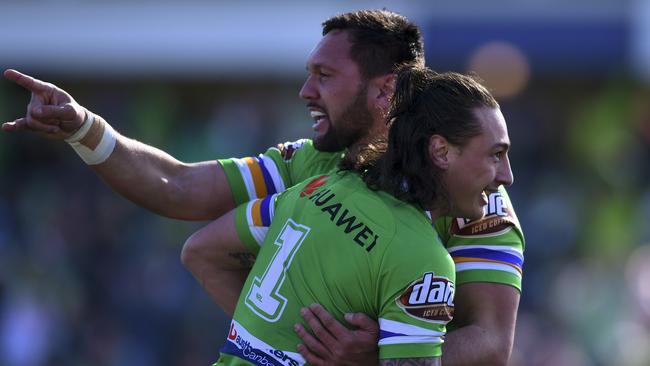 Jordan Rapana celebrates a try with Raiders teammate Charnze Nicoll-Klokstad. Picture: AAP