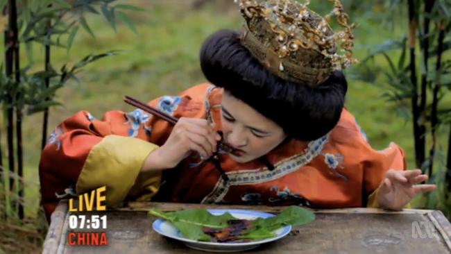 Scottish actress Sophie Wu, dressed as a Tang dynasty empress while eating cockroaches, in an episode of Horrible Histories.