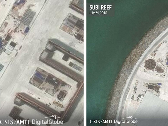 A close-up of one of the reinforced hangars being constructed, left, and an example of the mysterious hexagonal structures paired with towers being completed. Source: CSIS./AMTI